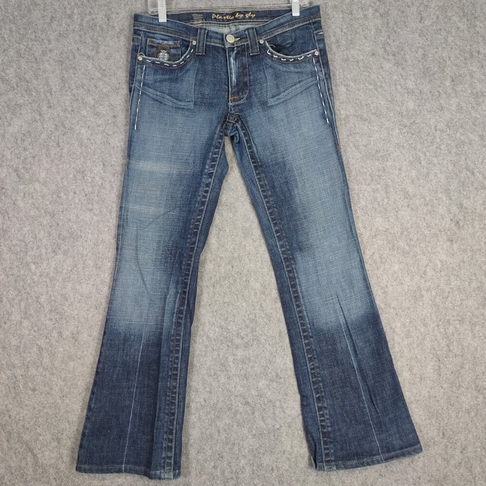 Plastic by GLY Jeans Womens Sz 11 Designer Embroidered Flare Low Rise Jeans Y2K - Picture 2 of 16
